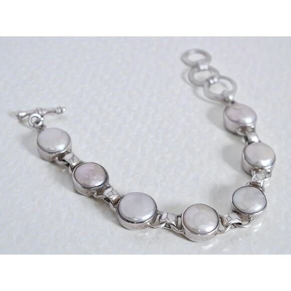 Starborn Creations Pearl Tennis Bracelet Sterling Silver Coin Pearl 7-8" - Picture 2 of 8